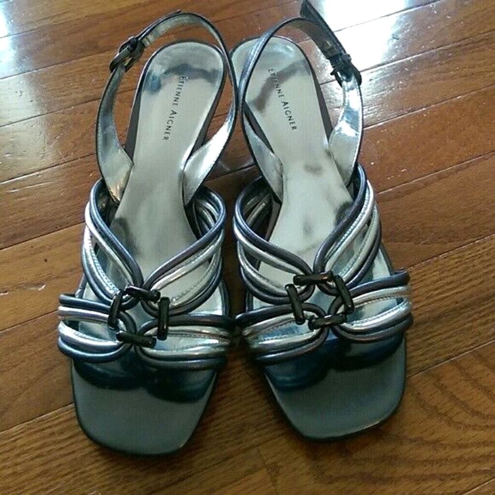 Etienne Aigner Silver and Gray Wedge Sandals - Size 9